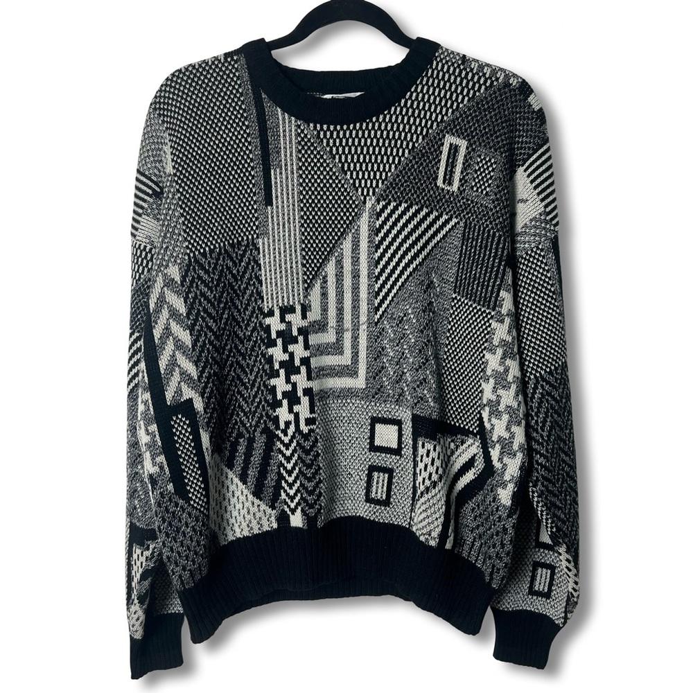 Expressions Men’s Abstract Geo Patchwork Knit Crewneck Sweater VTG 80s - Sz. L